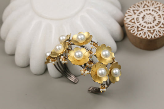 Antique Dual Tone Pearl Bracelet ( Adjustable)