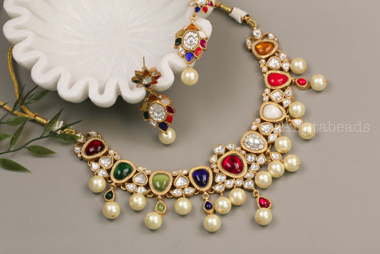 Meera Navratna Jadau Necklace Set  (V102-08)