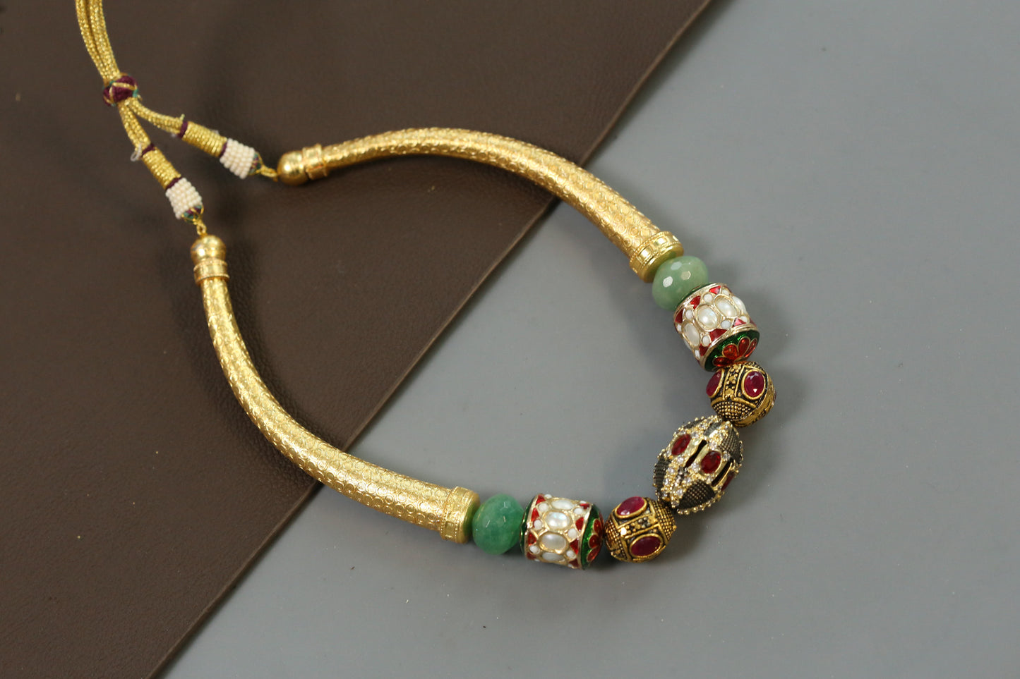 Jadai Work Hasli Kantha Necklace - Red & Pearls