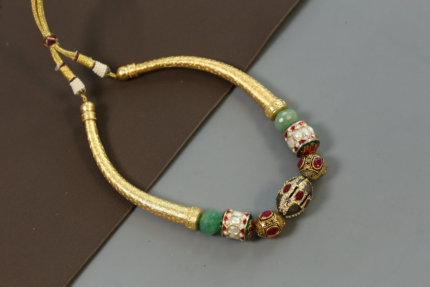 Jadai Work Hasli Kantha Necklace - Red & Pearls