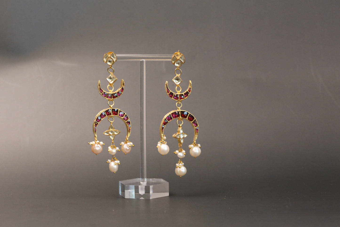 Taara Rhodolite Kundan Earrings - Real Pearl Drops