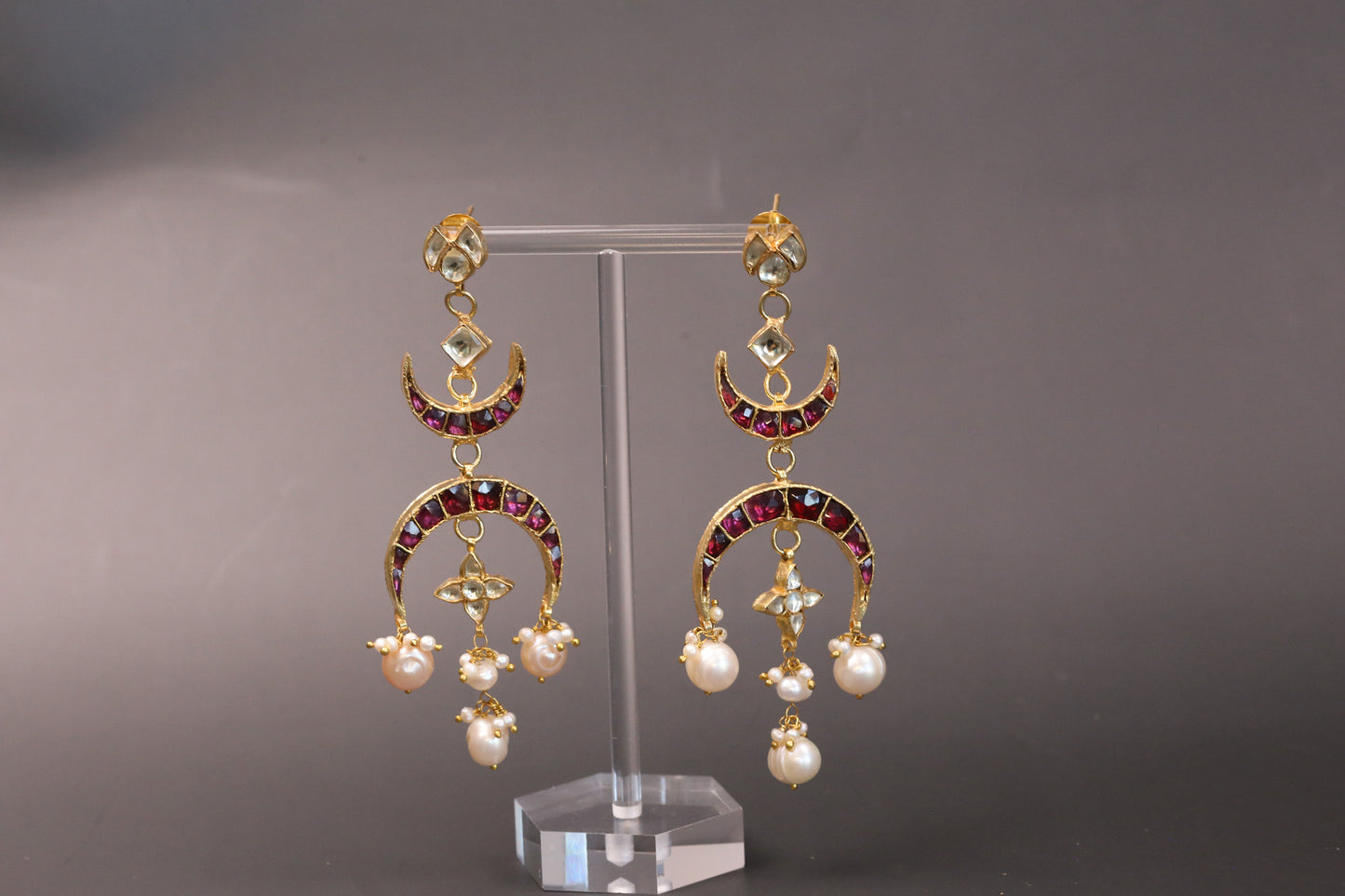 Taara Rhodolite Kundan Earrings - Real Pearl Drops