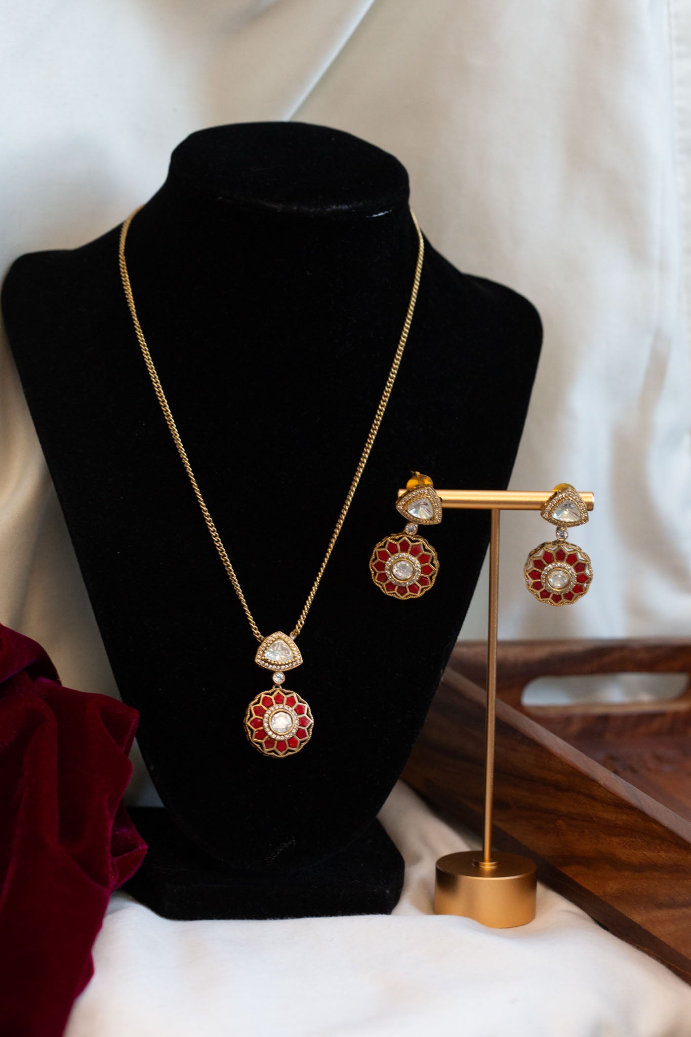 Coral Takkar Jadau & Polki Pendant Set