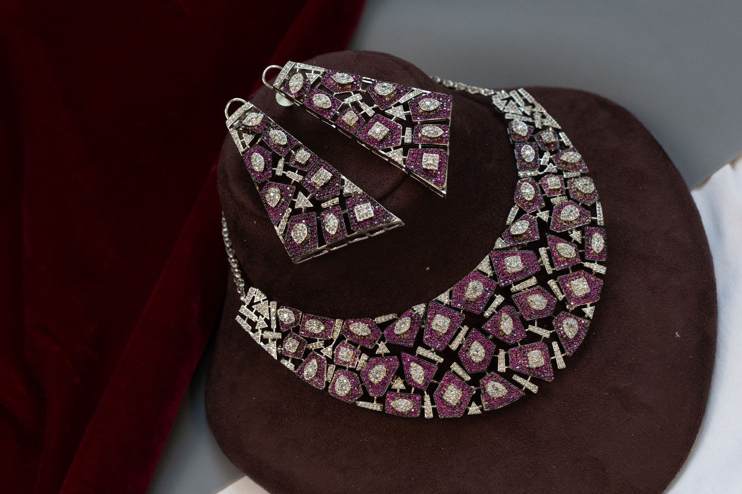 Pave Setting Micro CZ Jahaan Necklace Set - Ruby