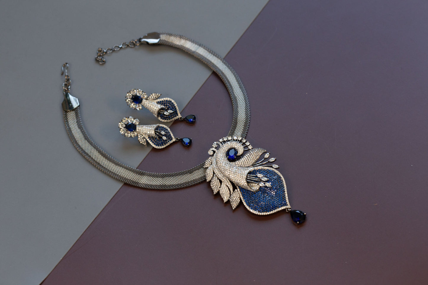 Victorian Black Polish & Micro CZ Necklace Set - Blue