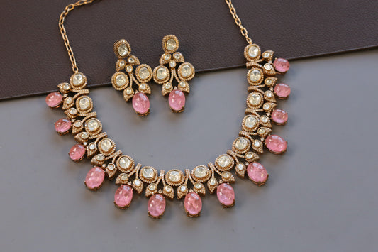 Pink Pota Doublet Moissanite Polki Set