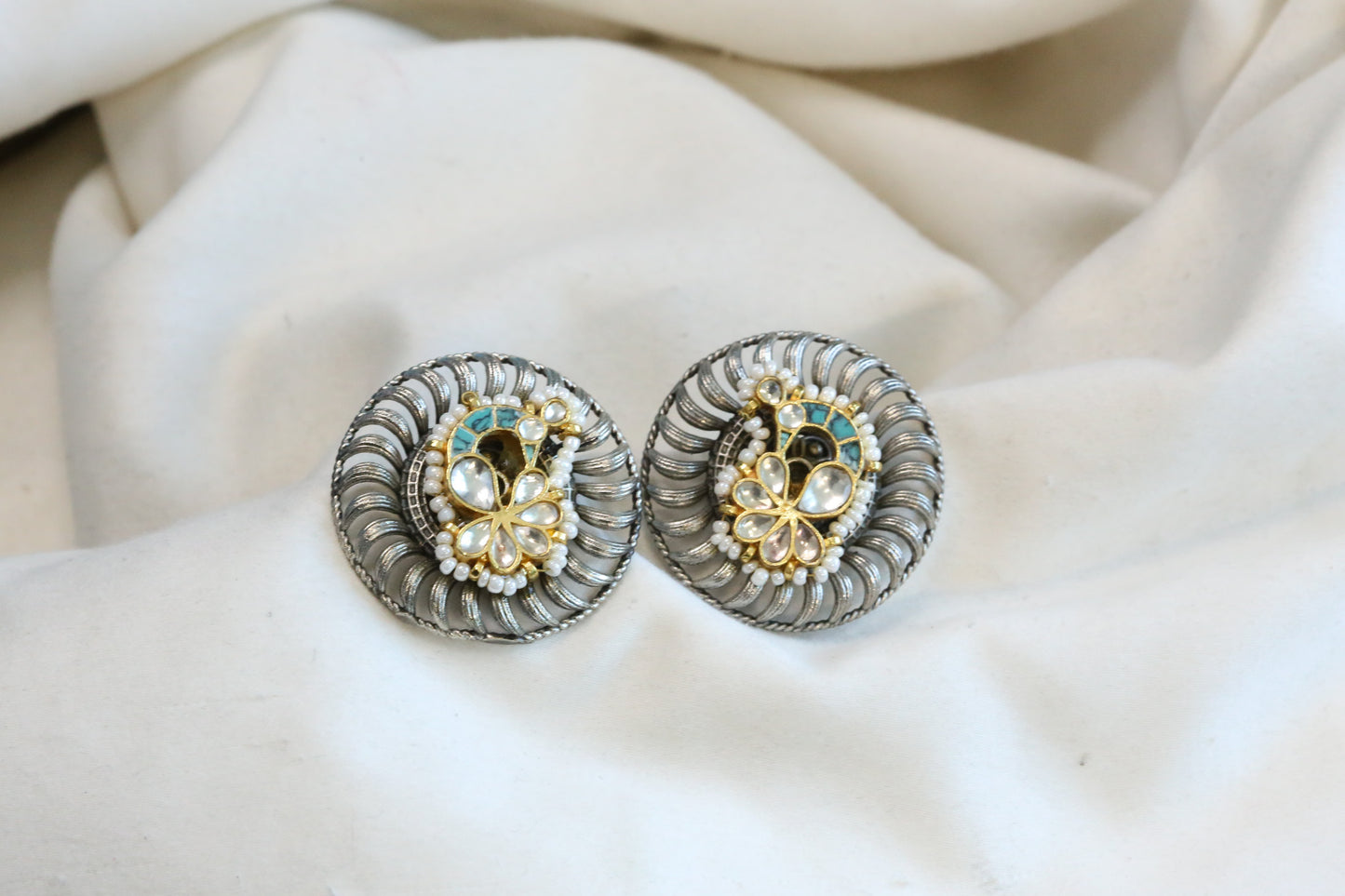 Fusion Kundan Peacock Studs - Turquoise