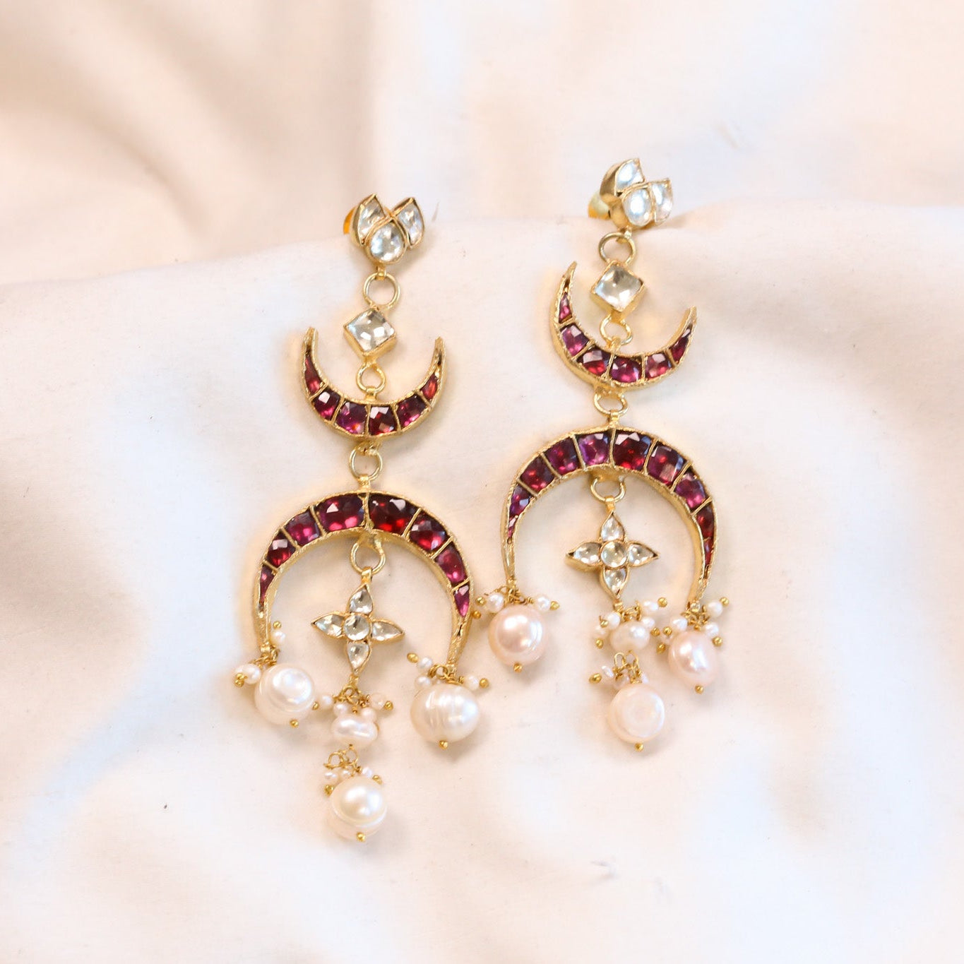 Taara Rhodolite Kundan Earrings - Real Pearl Drops