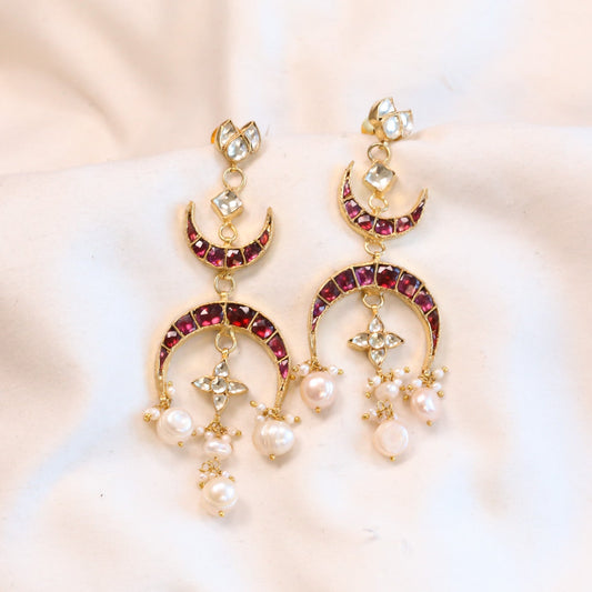 Taara Rhodolite Kundan Earrings - Real Pearl Drops