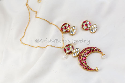 Chandini Fusion Jadau Necklace Set  (103-89) - Ruby Red