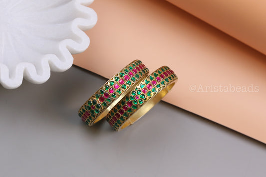 Antique Jadau Kundan Bangle Set (2.4 openable)- Green Red