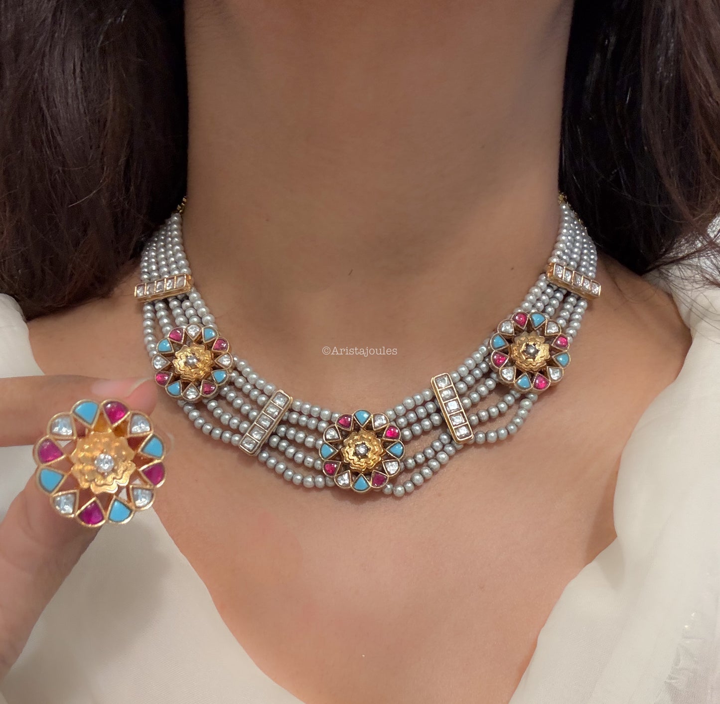 Mogra Vintage Look Kundan Necklace Set - Turquoise