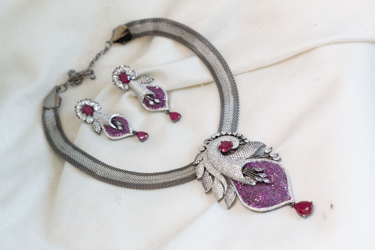 Victorian Black Polish & Micro CZ Necklace Set - Ruby
