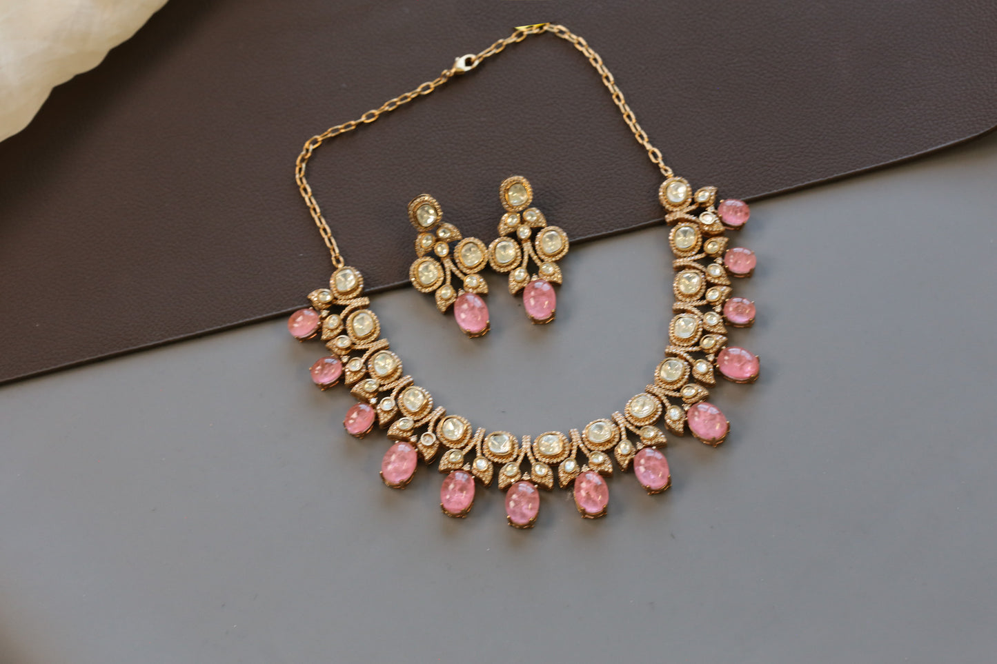 Pink Pota Doublet Moissanite Polki Set