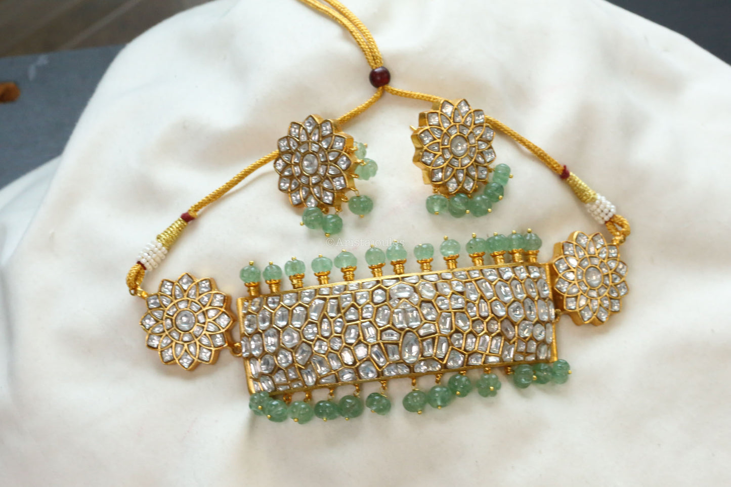 Jadau Kundan Choker - Aventurine Pumpkin Drops