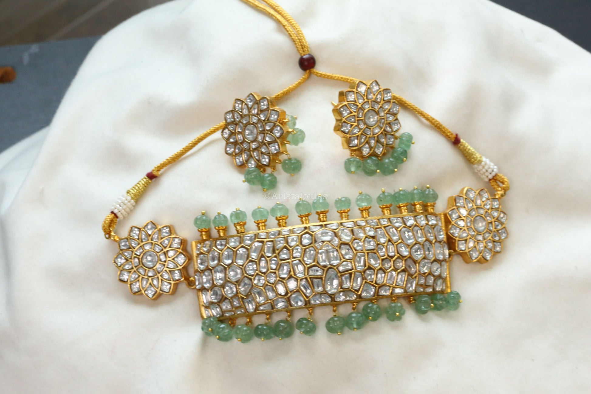 Jadau Kundan Choker - Aventurine Pumpkin Drops