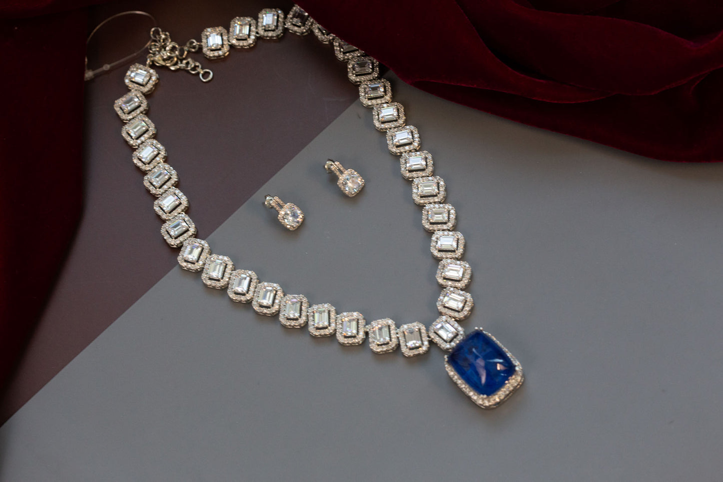 Blue Doublet Micro CZ Tiara Necklace Set