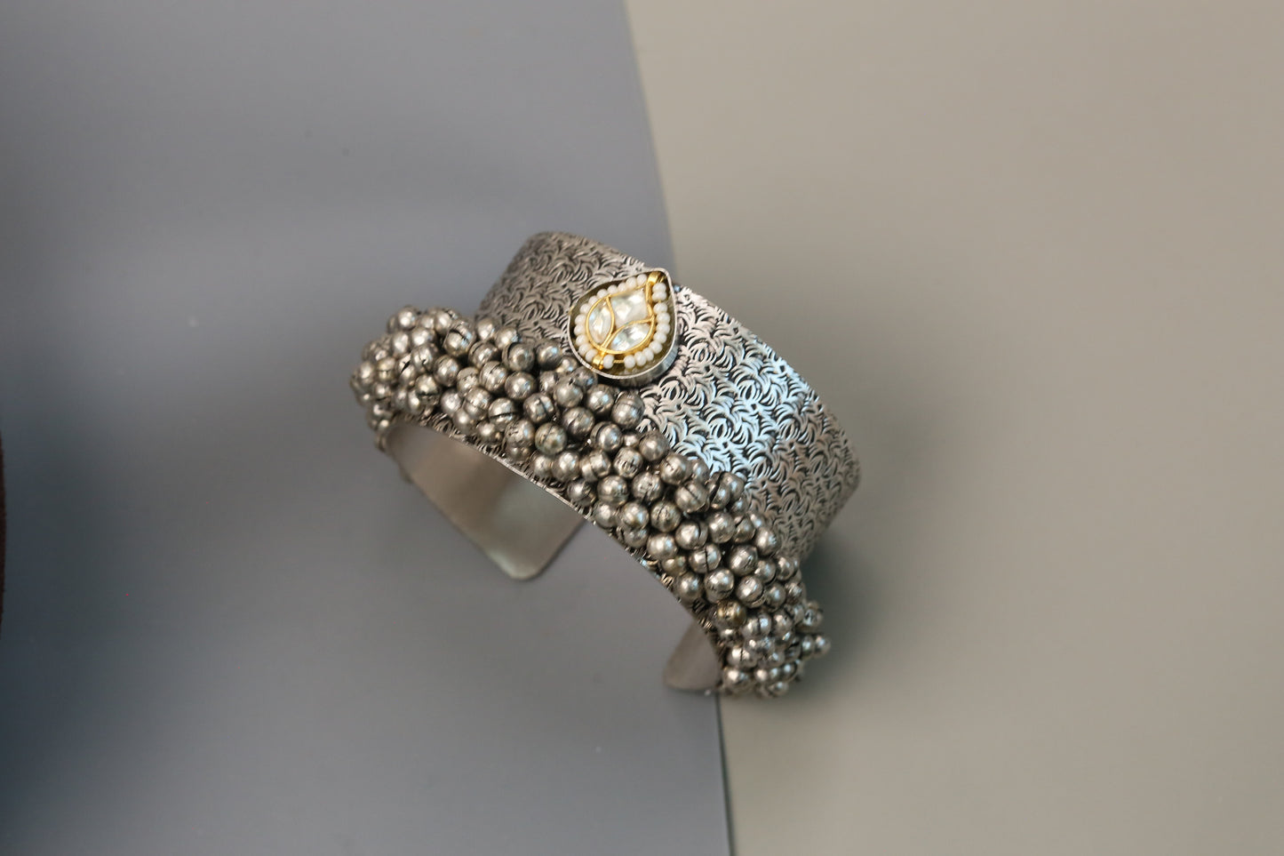 Silver Look Oxidized Kundan Bangle Bracelet (Adjustable)