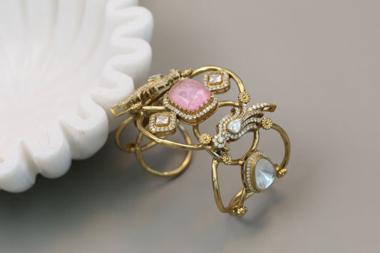 Silver Look Alike Polki, CZ & Doubet Bracelet (Adjustable) -Pink