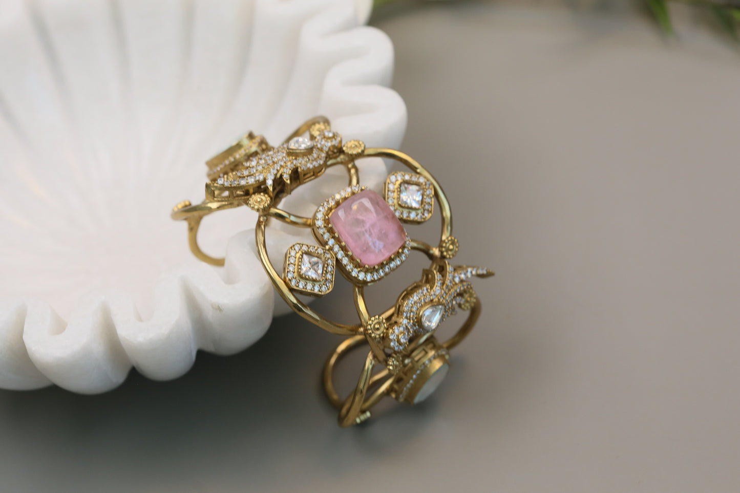 Silver Look Alike Polki, CZ & Doubet Bracelet (Adjustable) -Pink
