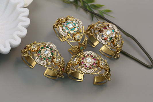 Silver Look Alike Polki, CZ & Jadau Bracelet (Adjustable)