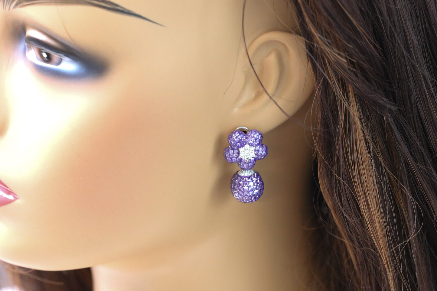 Silver Plated Invisible Setting Earrings - Purple