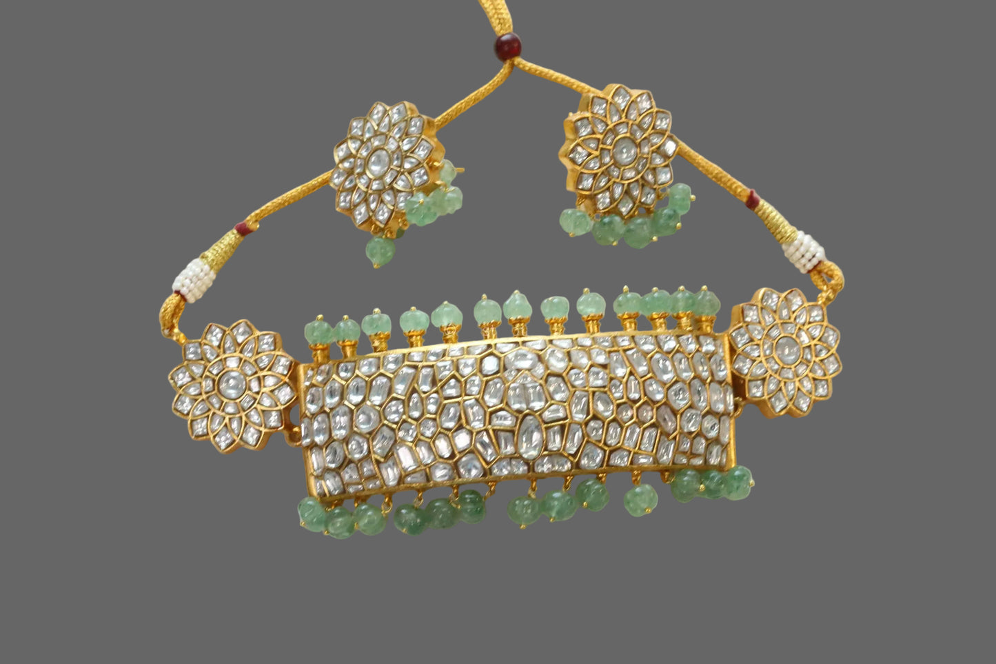 Jadau Kundan Choker - Aventurine Pumpkin Drops
