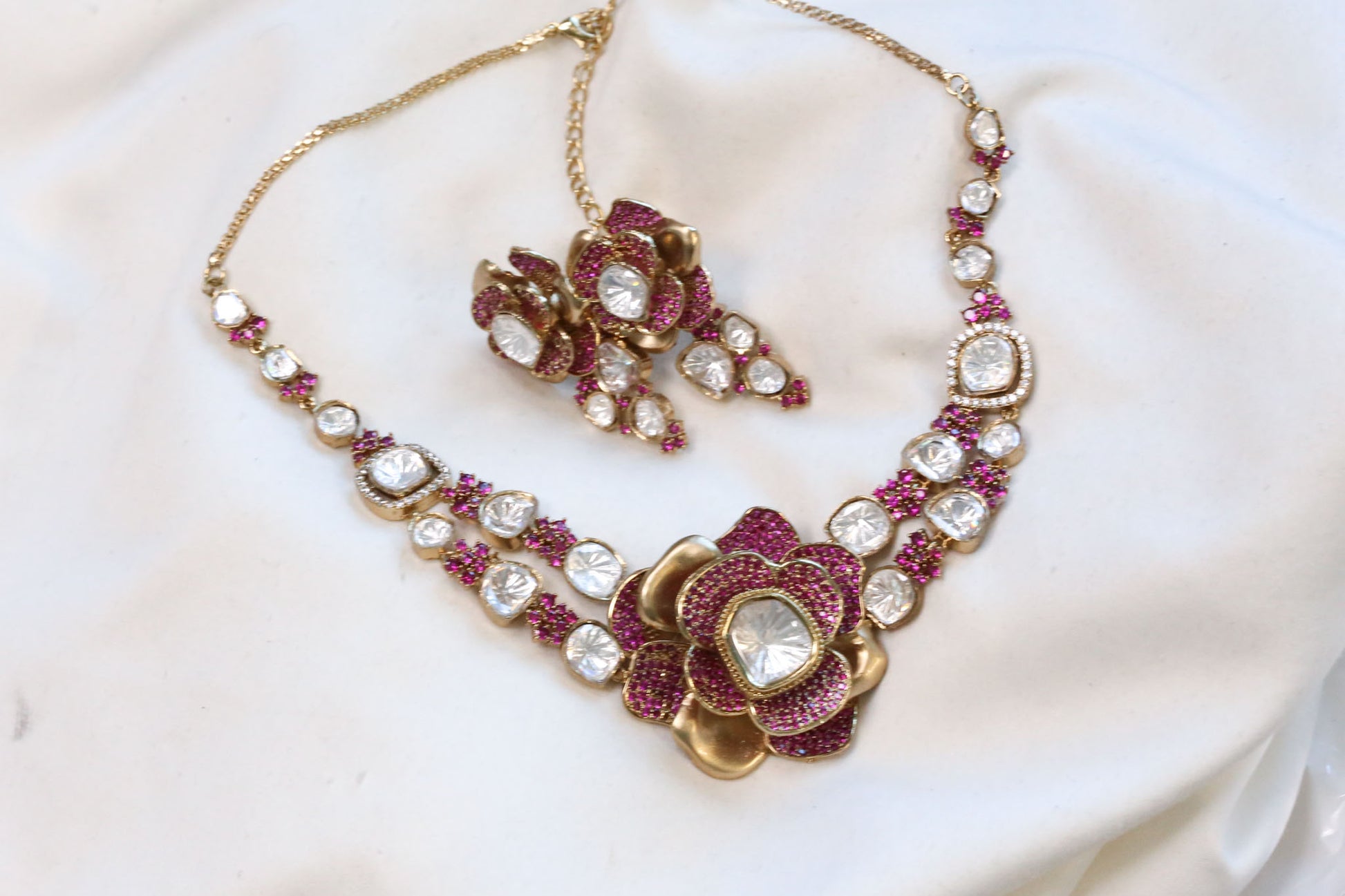 Contemporary 3D Look CZ & Polki Set Necklace Set - Ruby