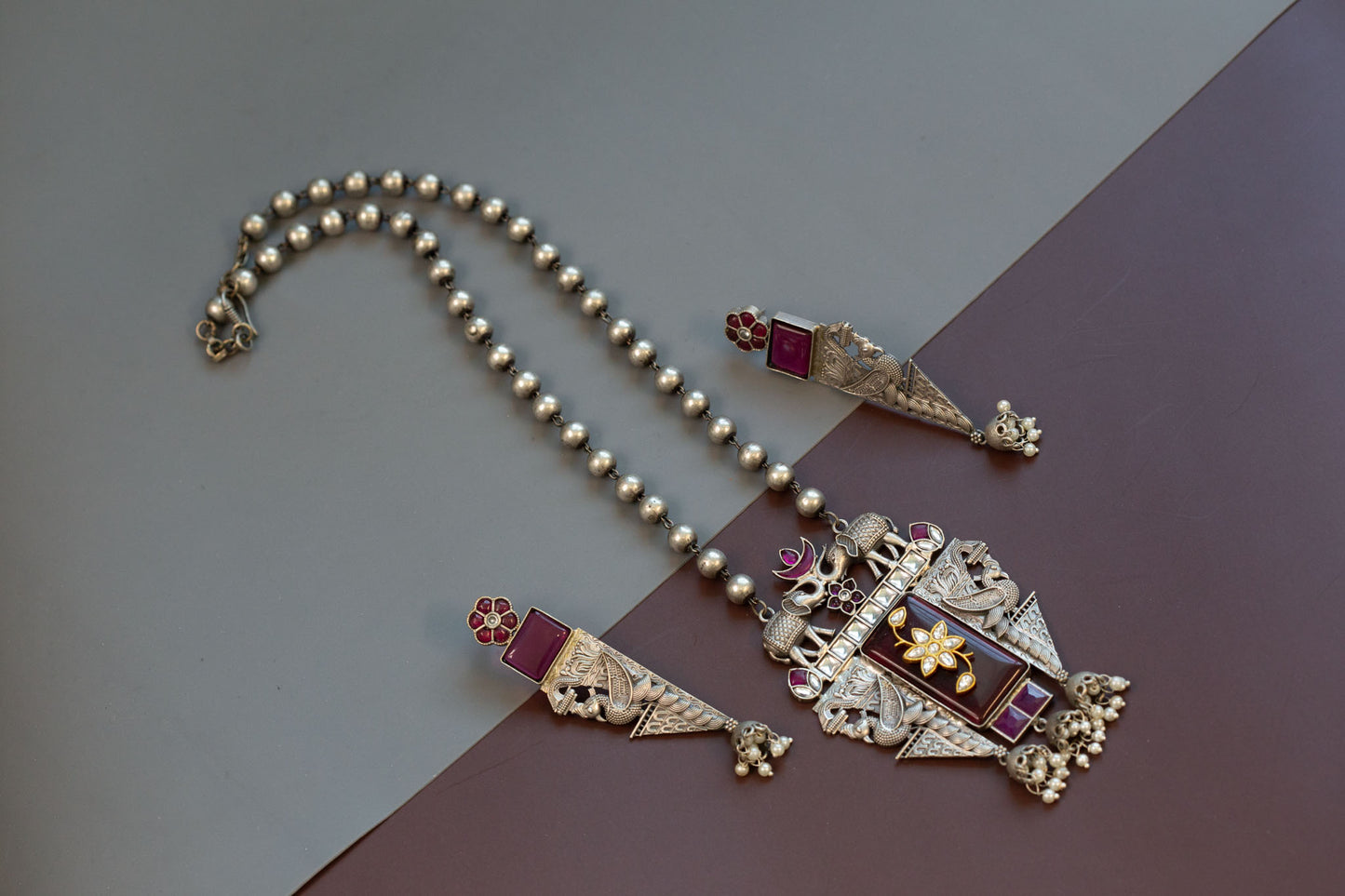 Inlay Work Long SLA Necklace Set - Red