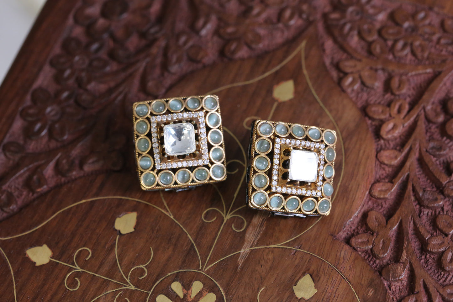 Large Polki Semiprecious Stones Studs - Mint