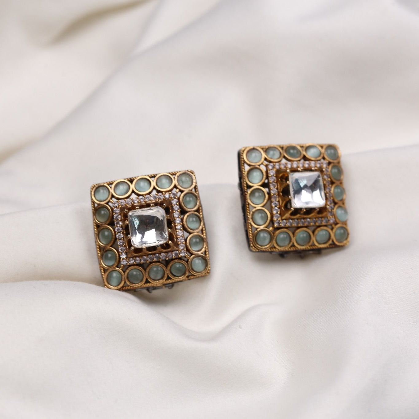 Large Polki Semiprecious Stones Studs - Mint