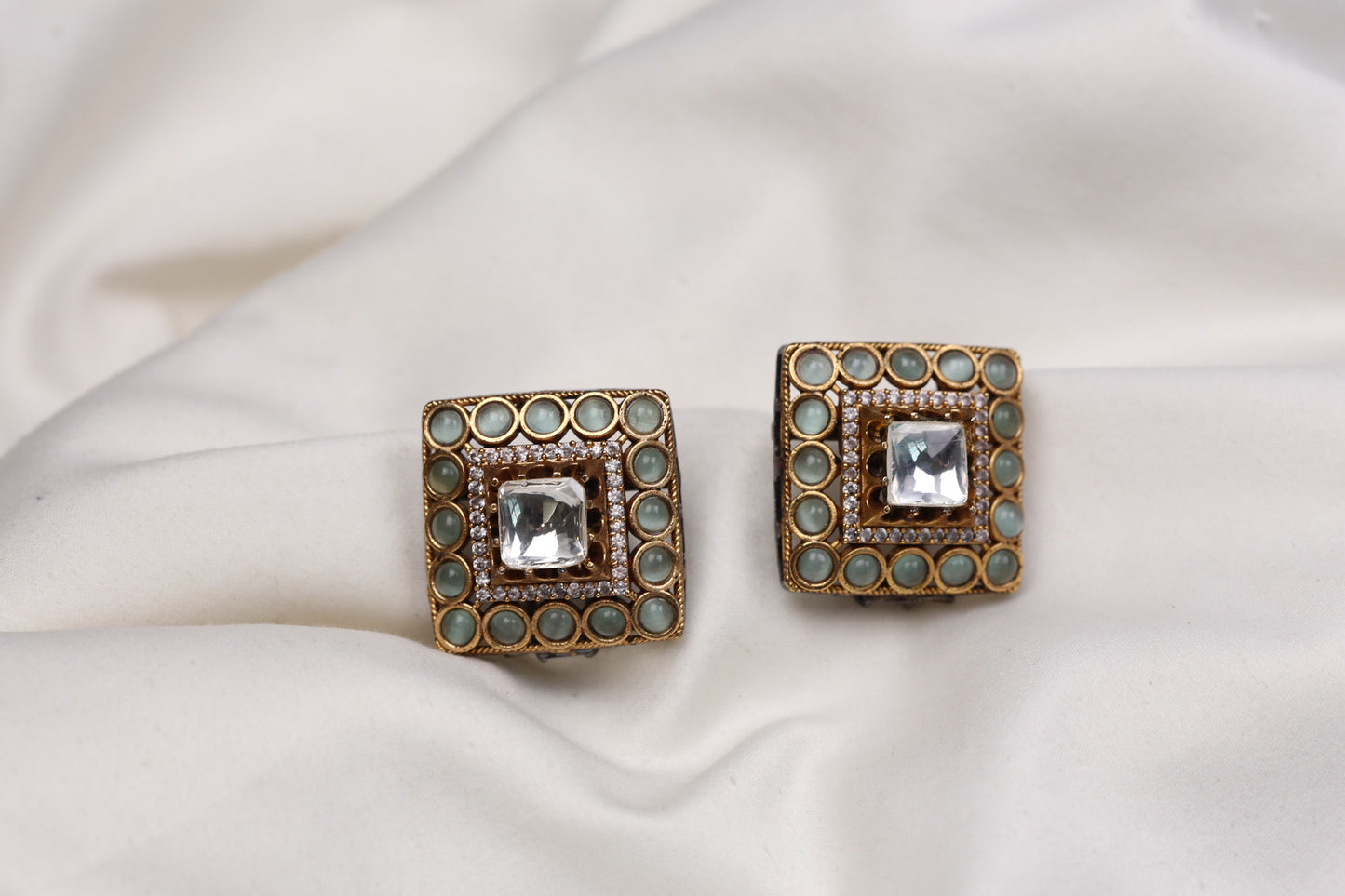 Large Polki Semiprecious Stones Studs - Mint