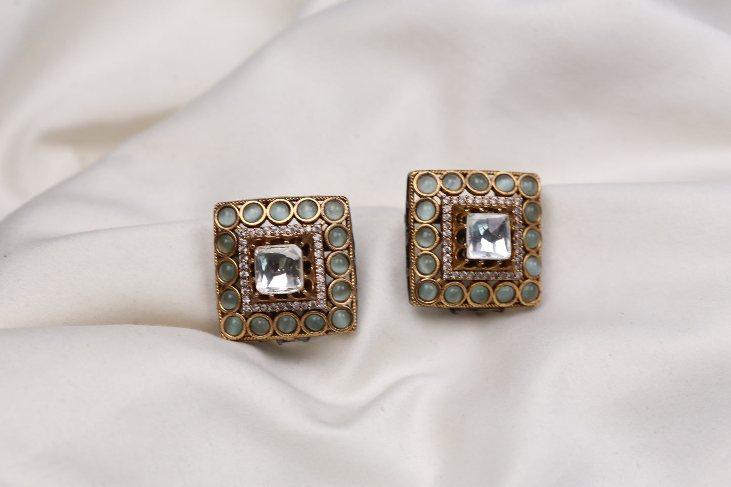 Large Polki Semiprecious Stones Studs - Mint