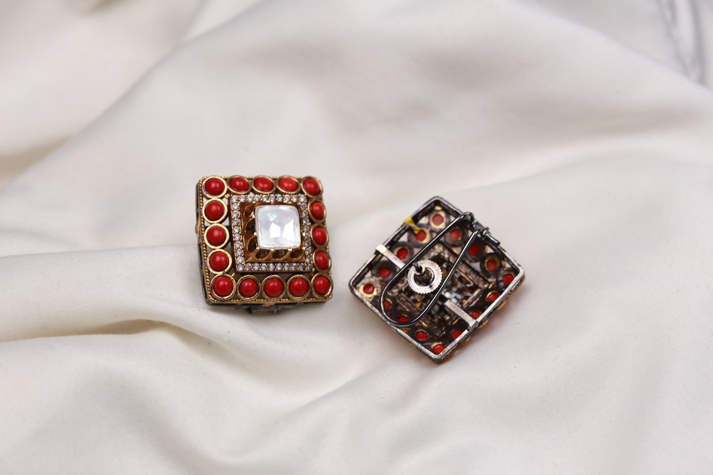 Large Polki Semiprecious Stones Studs - Coral