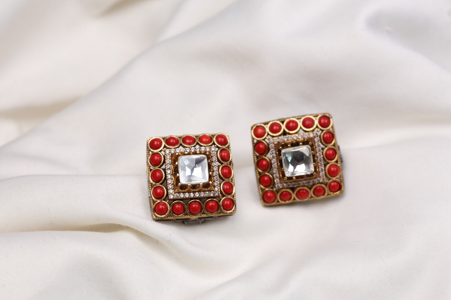 Large Polki Semiprecious Stones Studs - Coral