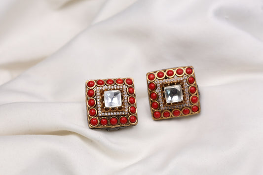 Large Polki Semiprecious Stones Studs - Coral
