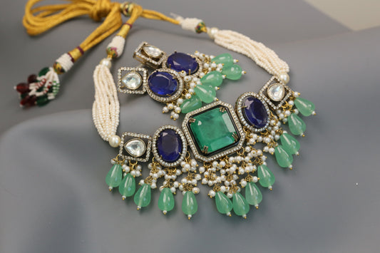 Rishita Doublet Choker Set  (104-60) - Aqua Green & Blue