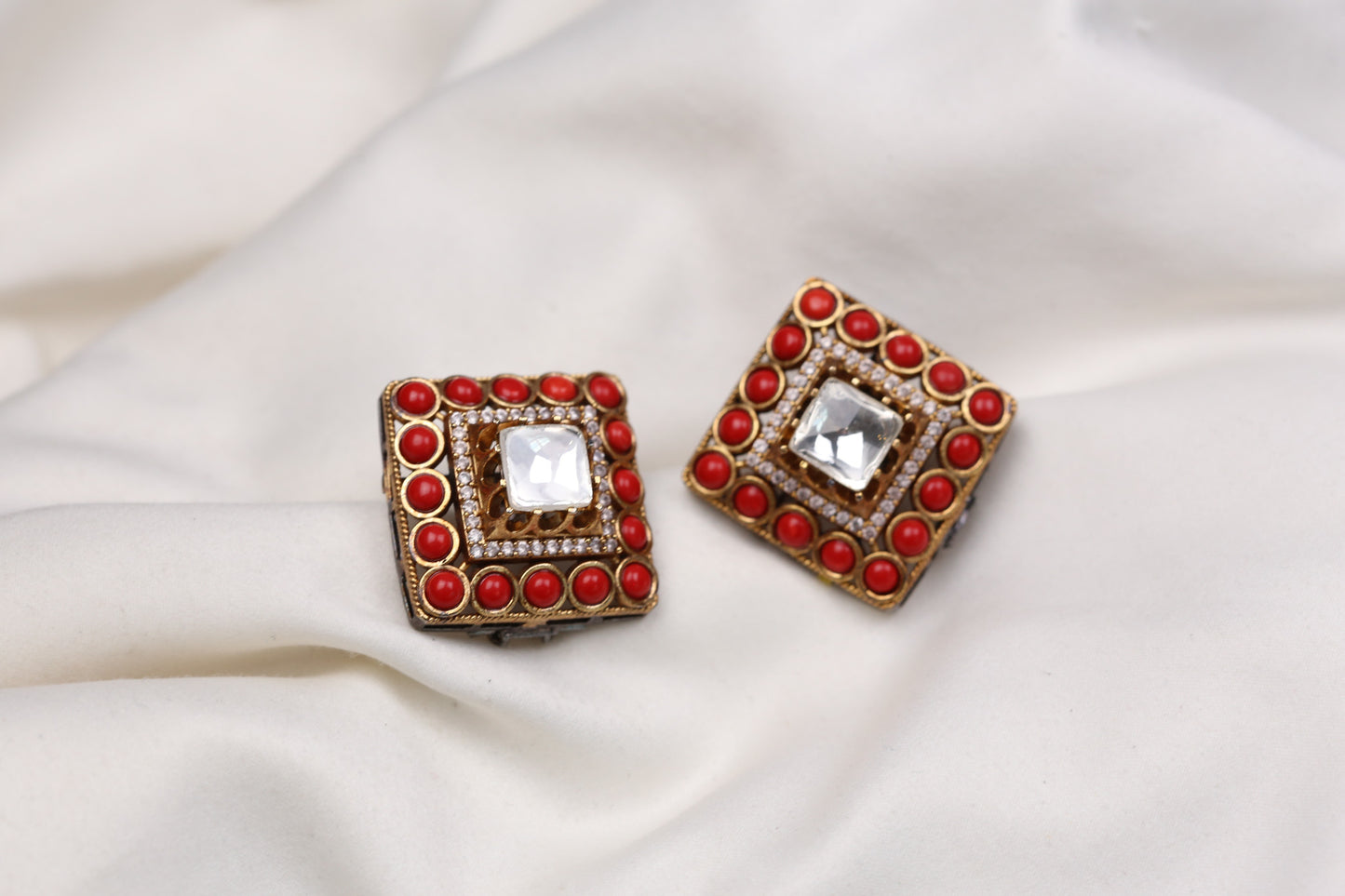 Large Polki Semiprecious Stones Studs - Coral