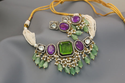 Rishita Doublet Choker Set  (104-59) - Peridot Green & Purple
