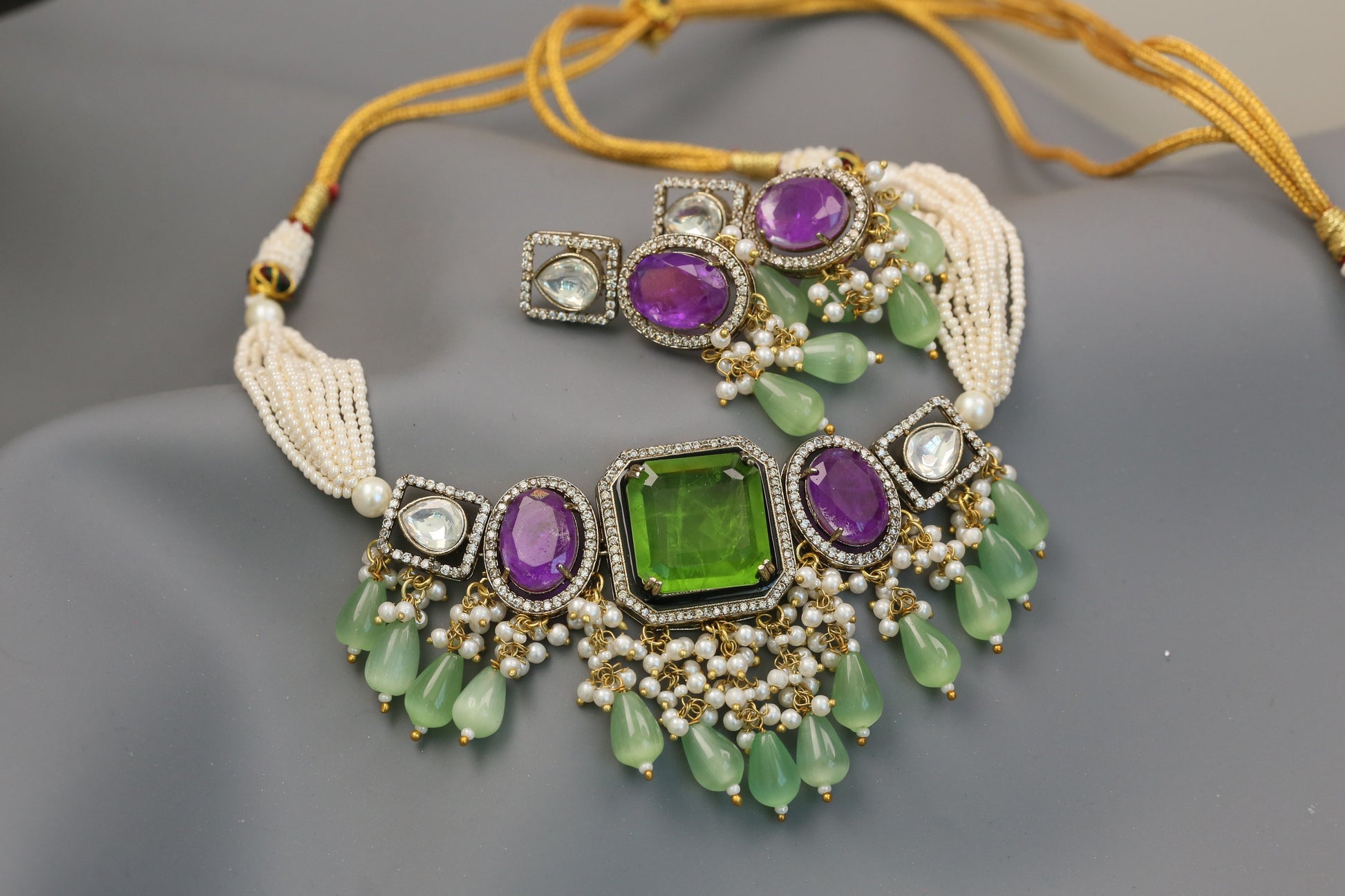 Rishita Doublet Choker Set  (104-59) - Peridot Green & Purple
