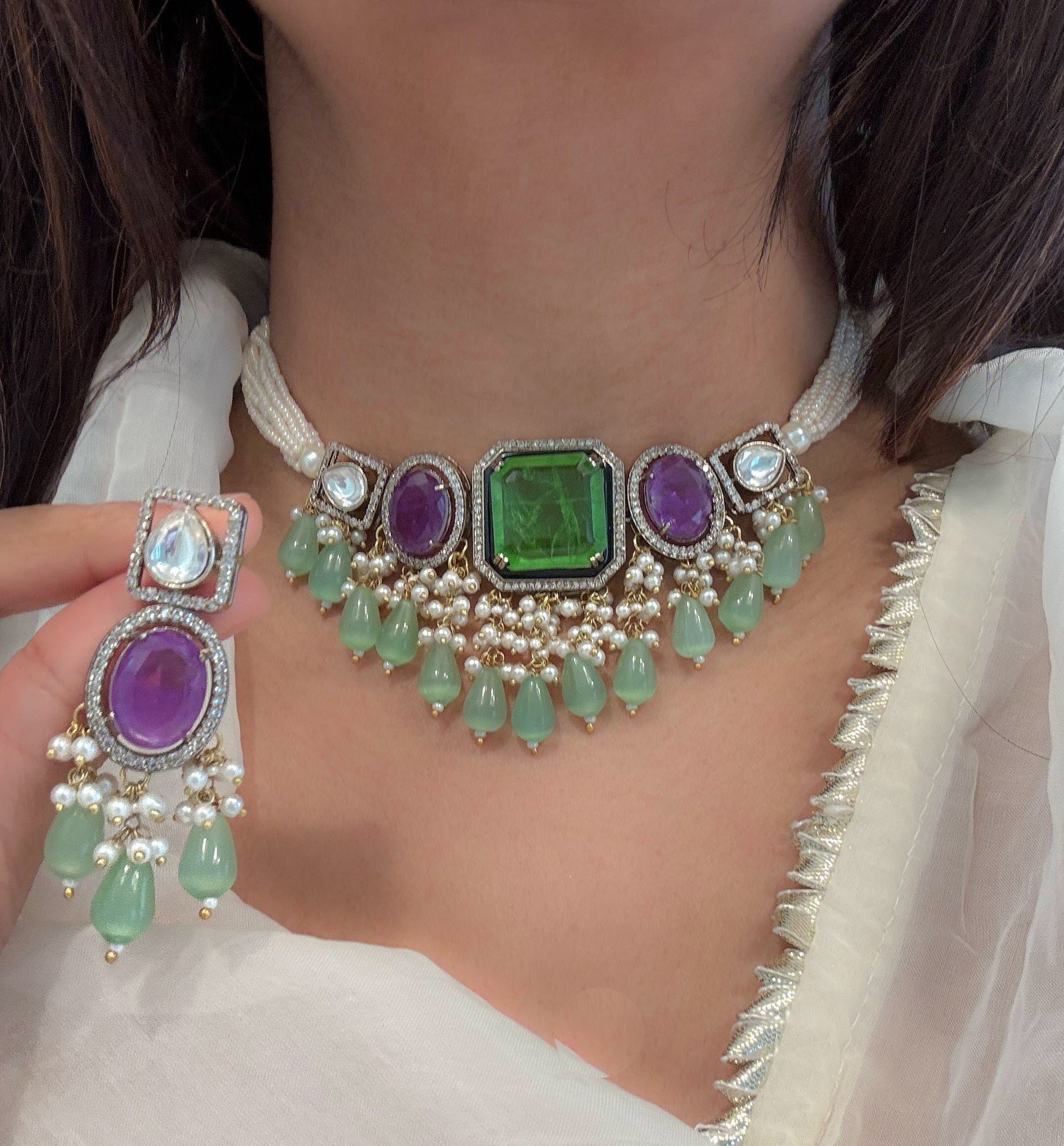 Rishita Doublet Choker Set  (104-59) - Peridot Green & Purple