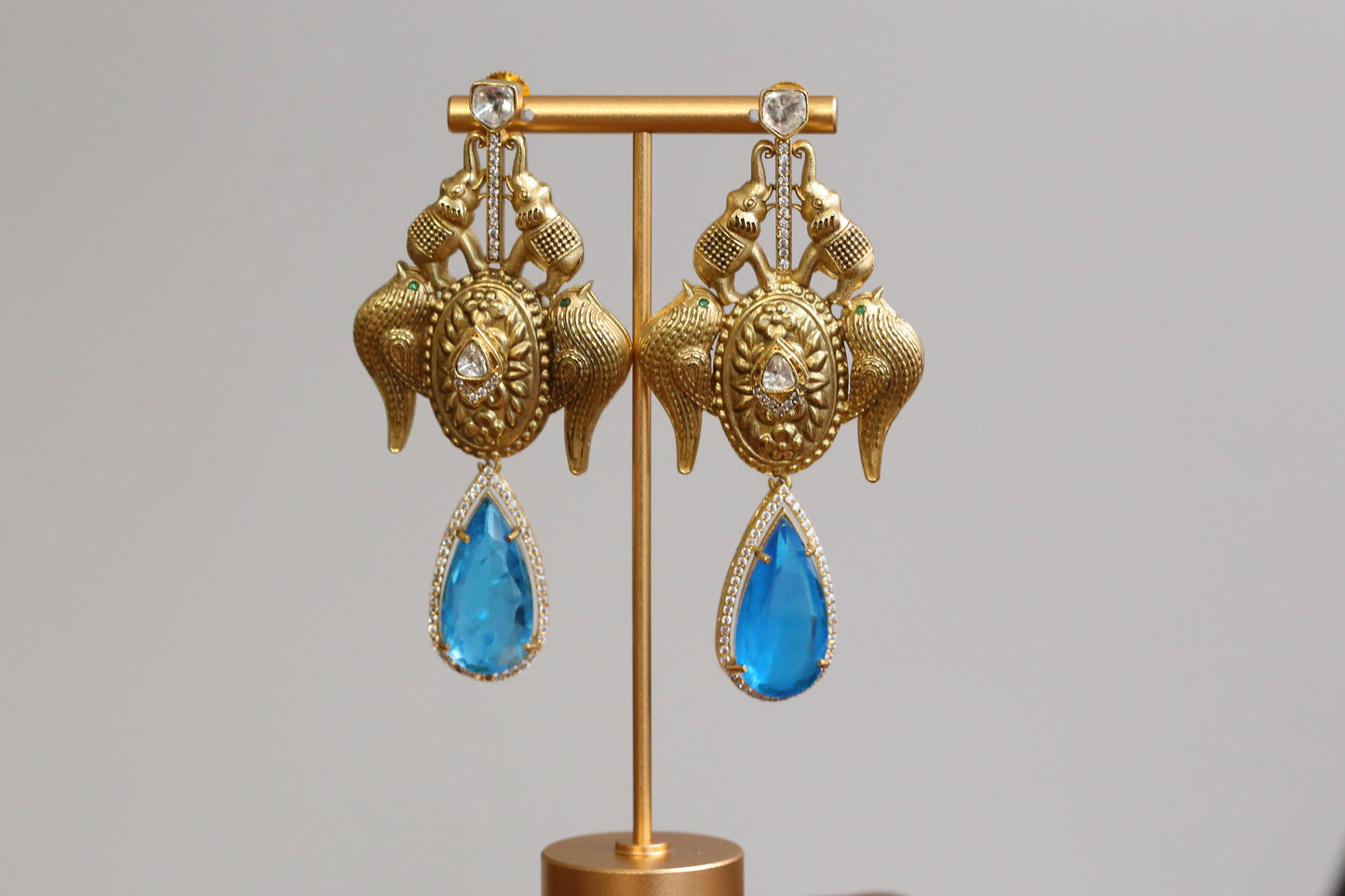 Matt Gold Designer Kundan Doublet Earrings - Aqua
