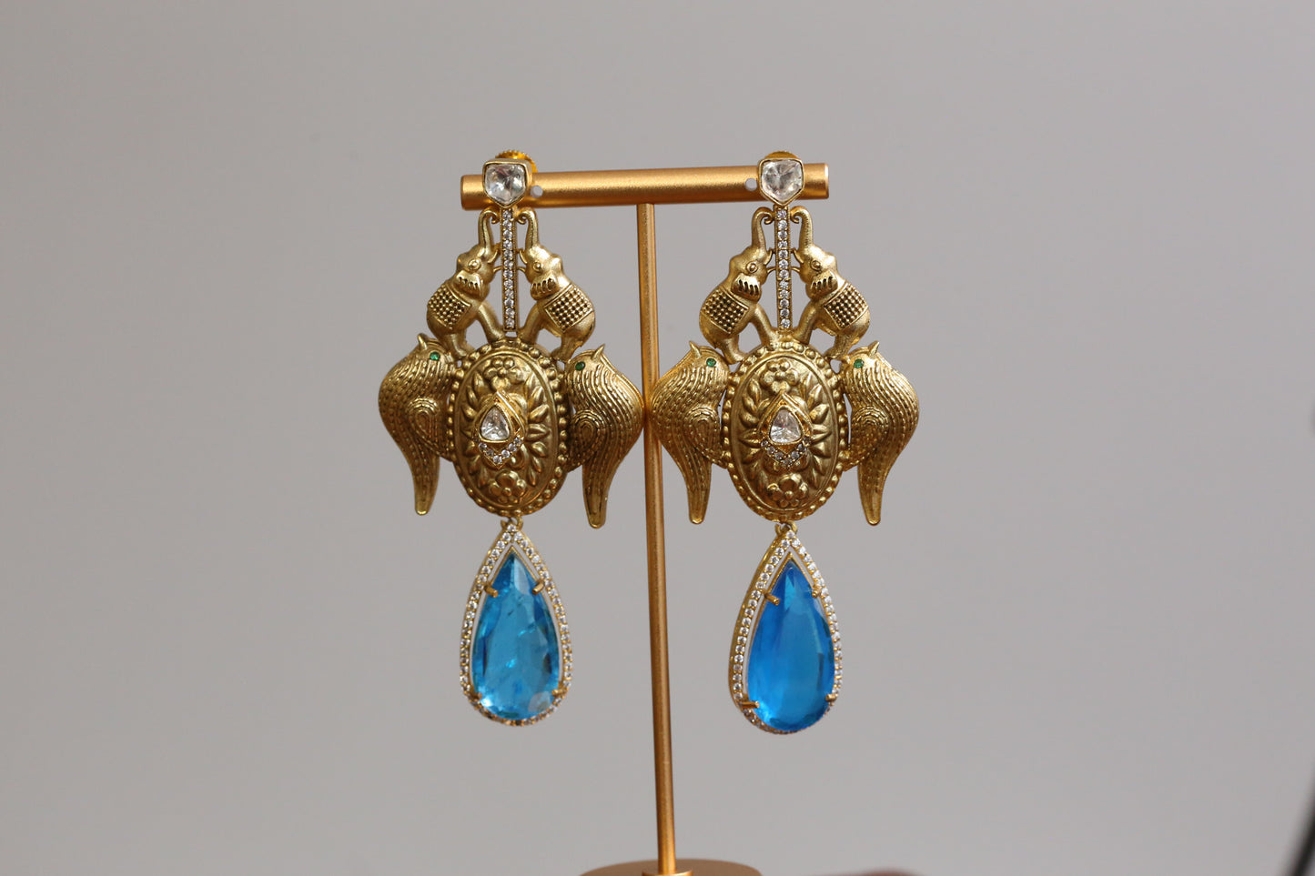 Matt Gold Designer Kundan Doublet Earrings - Aqua