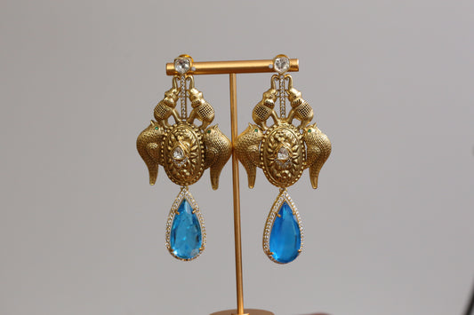 Matt Gold Designer Kundan Doublet Earrings - Aqua