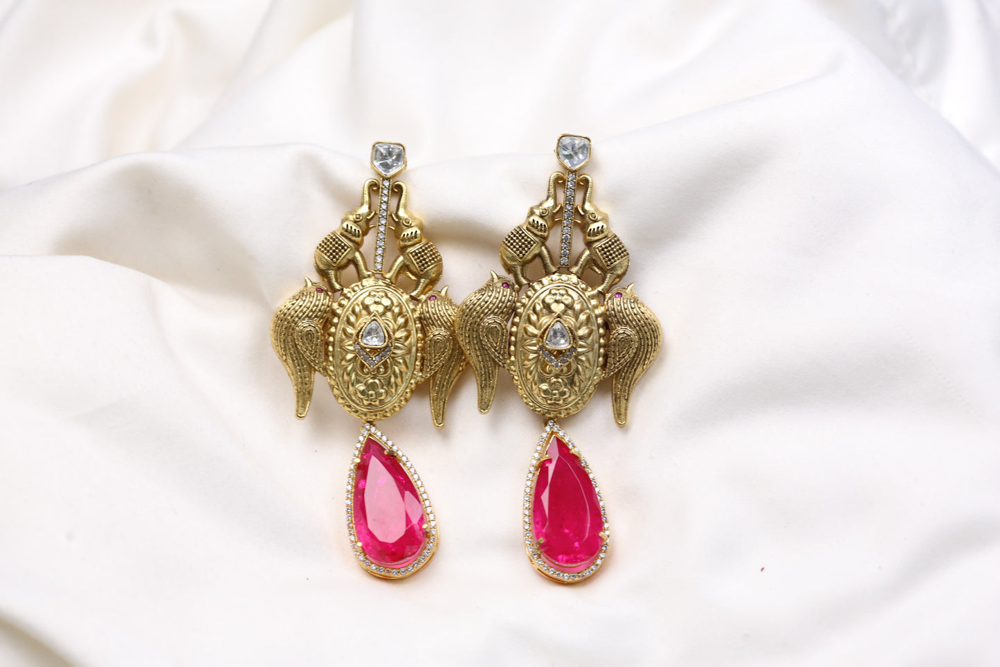 Matt Gold Designer Kundan Doublet Earrings - Hot Pink