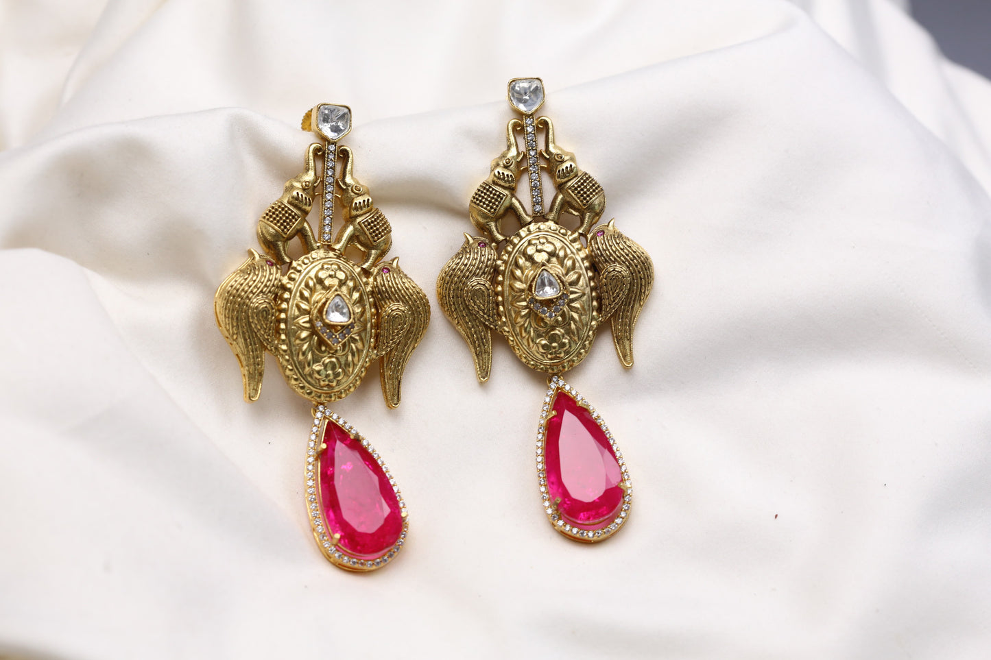 Matt Gold Designer Kundan Doublet Earrings - Hot Pink
