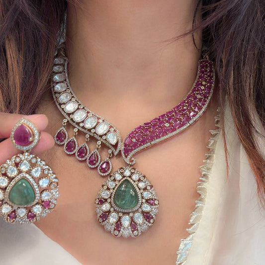 Divya Moissanite, Pota Stones &  Doublet Necklace Set - Ruby (104-64)