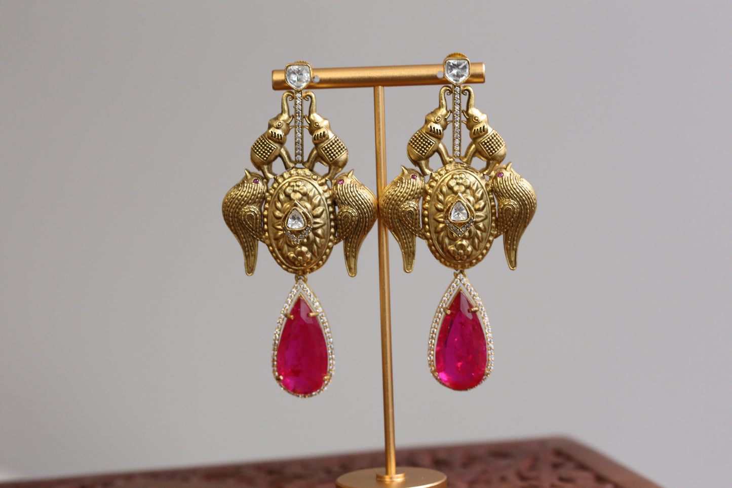 Matt Gold Designer Kundan Doublet Earrings - Hot Pink