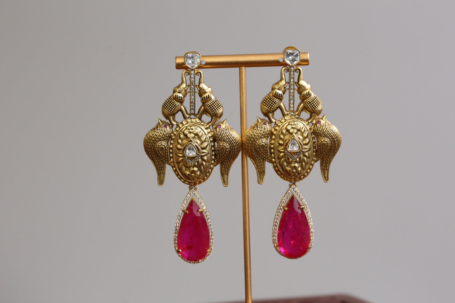 Matt Gold Designer Kundan Doublet Earrings - Hot Pink