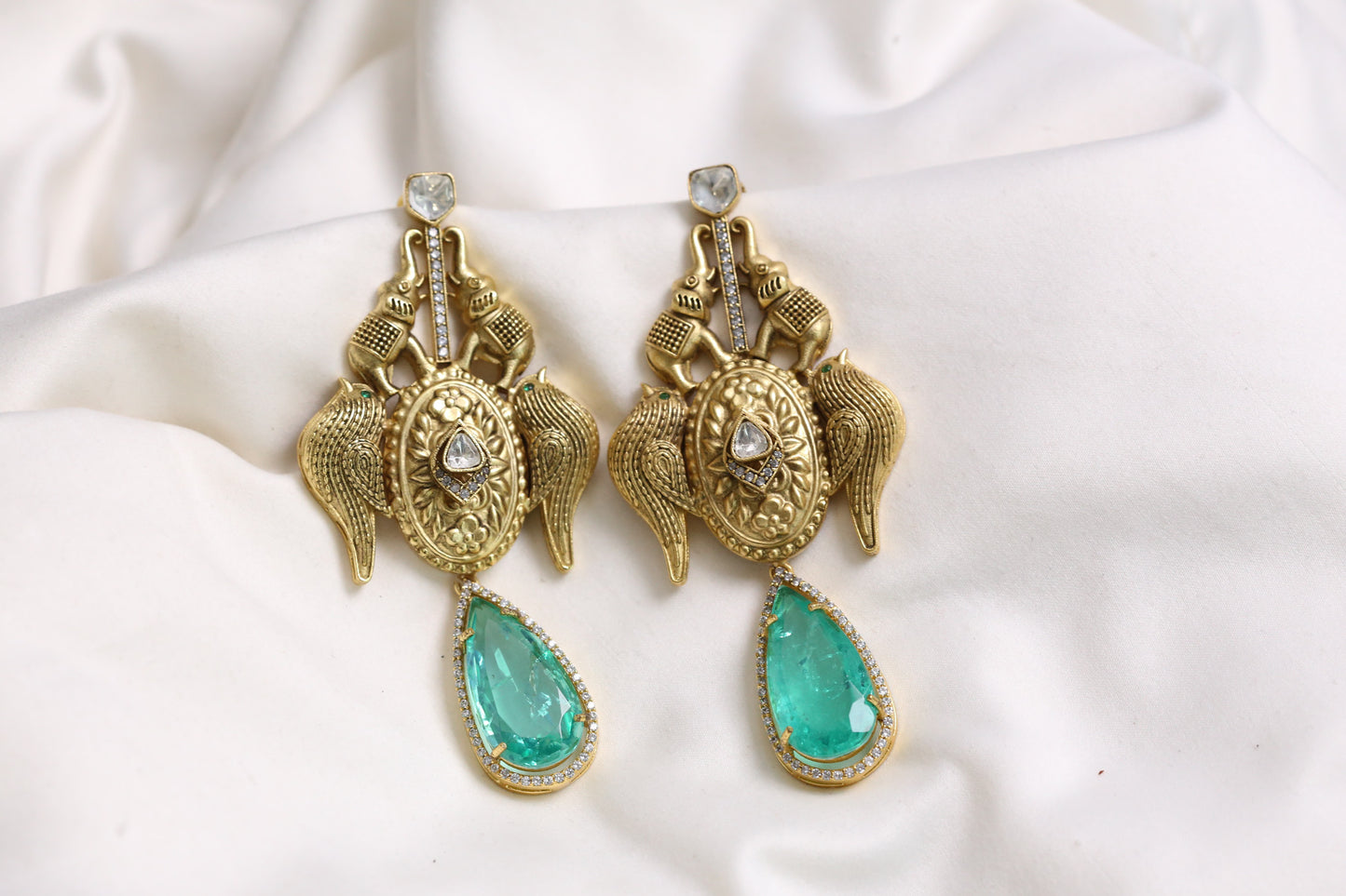 Matt Gold Designer Kundan Doublet Earrings - Mint